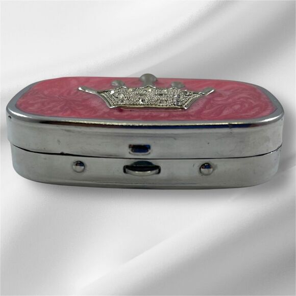 Jeweled Crown Pillbox, Compact With Mirror, Pink, Push Button Opening - Picture 5 of 8